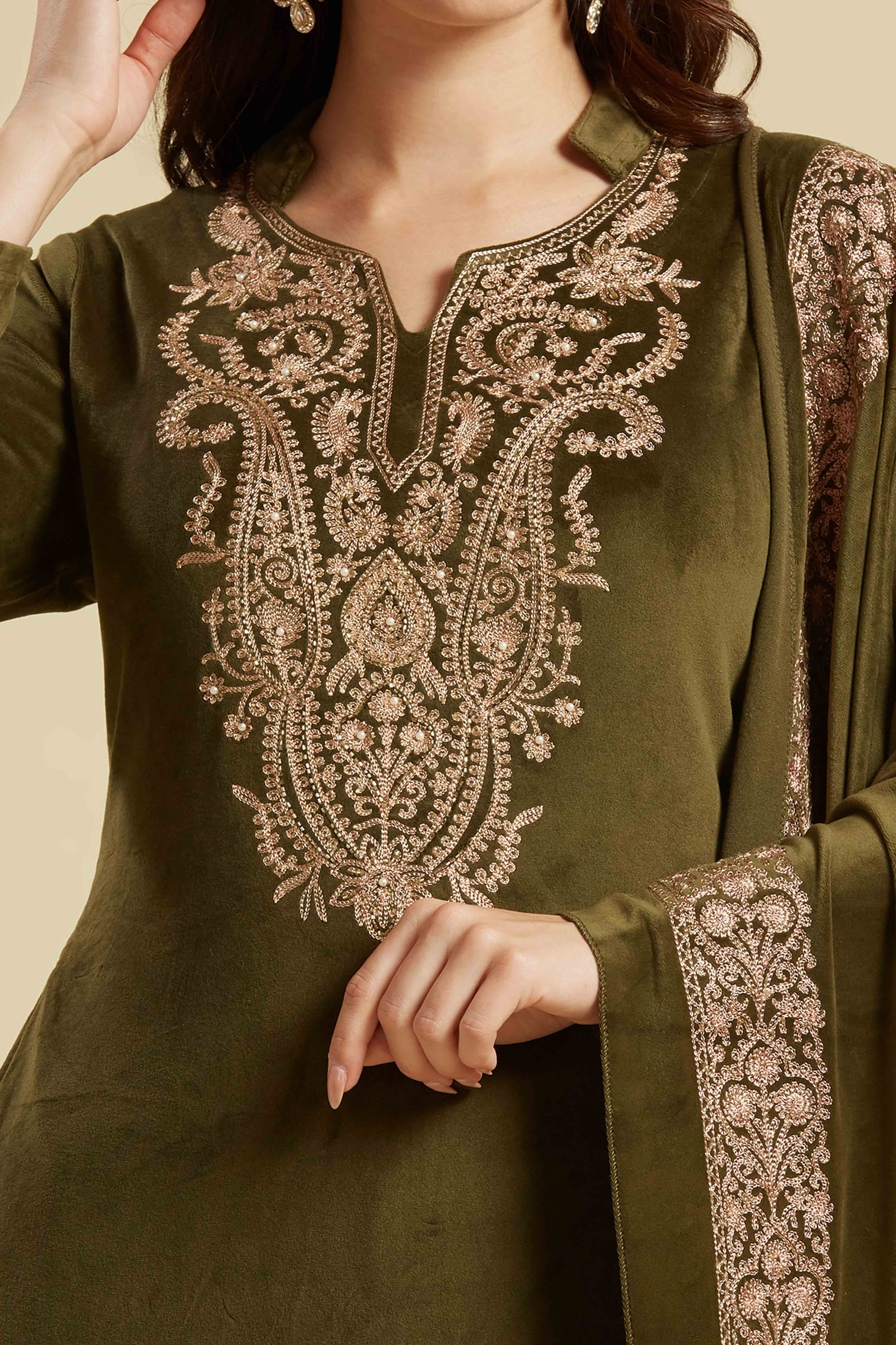 Green Embroidered Velvet Straight Salwar Suit