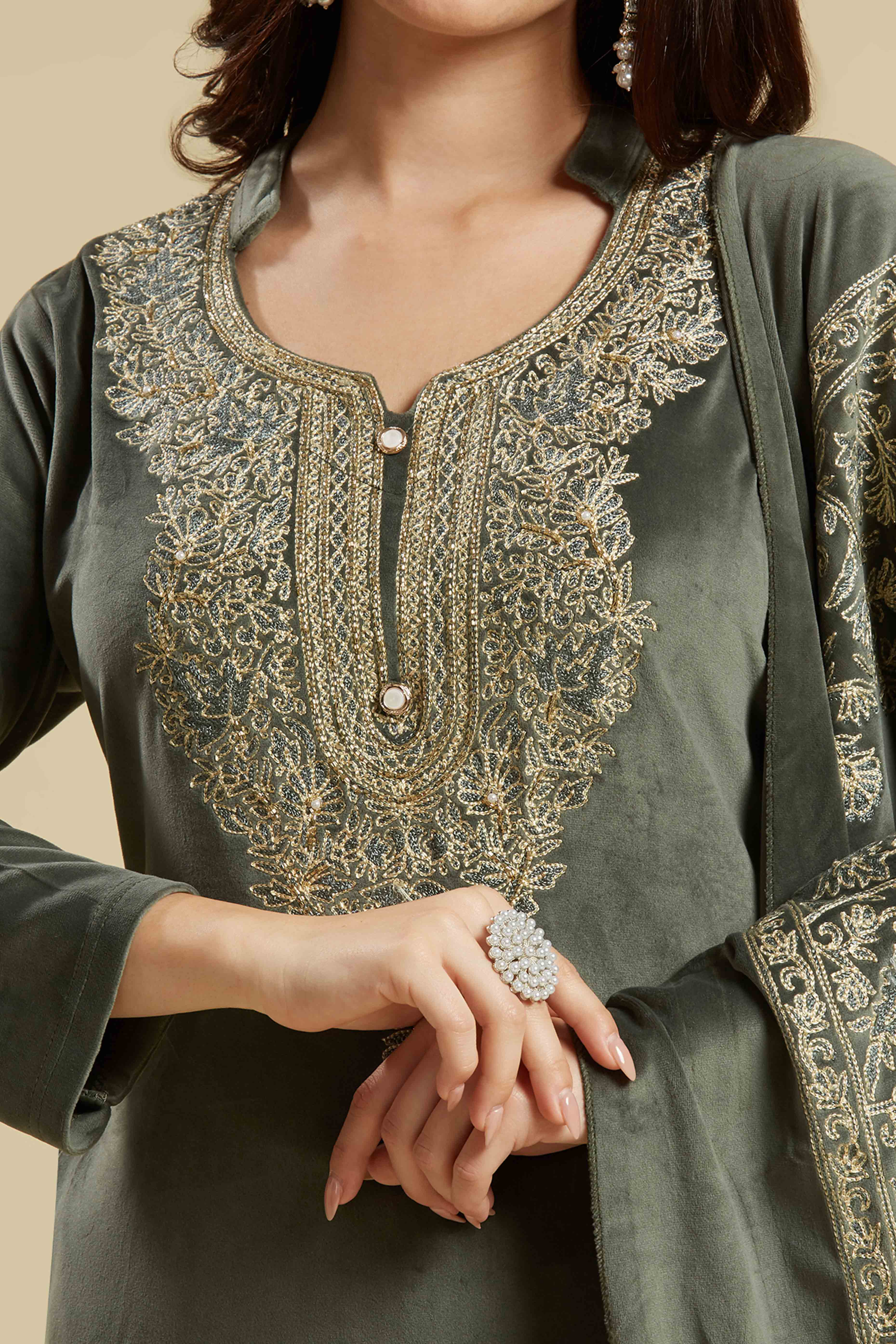Green Embroidered Velvet Straight Salwar Suit