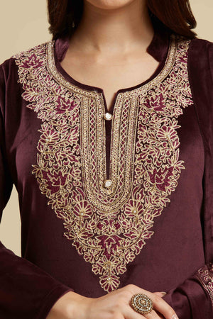 Wine Embroidered Velvet Straight Salwar Suit