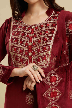Maroon Embroidered Velvet Straight Salwar Suit
