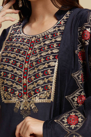 Navy Blue Embroidered Velvet Straight Salwar Suit