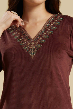 Brown Embroidered Velvet A-Line Top Bottom Set