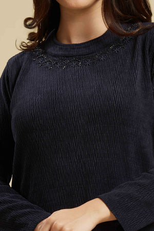 Navy Blue Woven Woolen A-Line Top Bottom Set