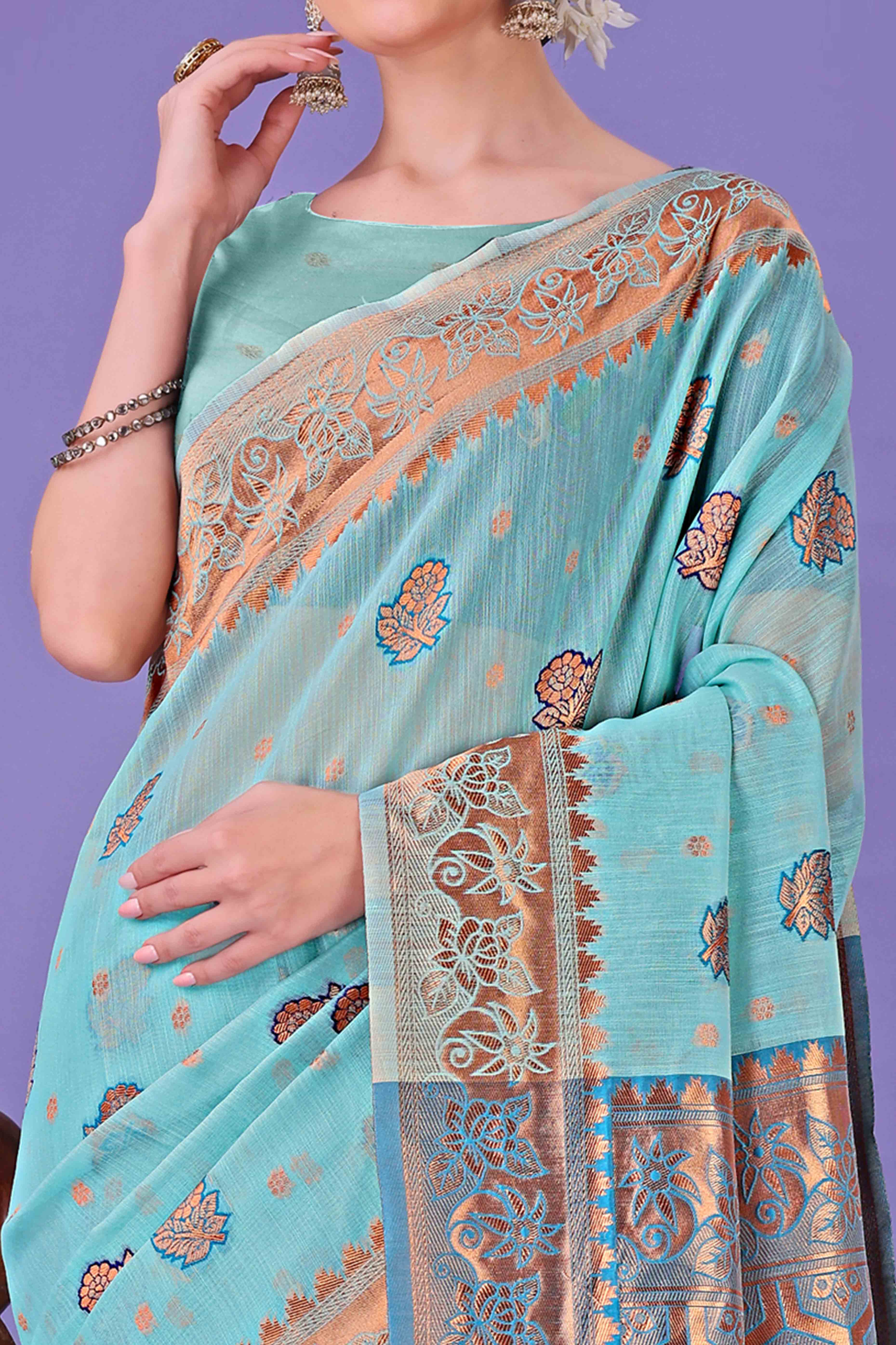 Sea Green Saree with Floral Zari Weaving on a Linen Cotton Base