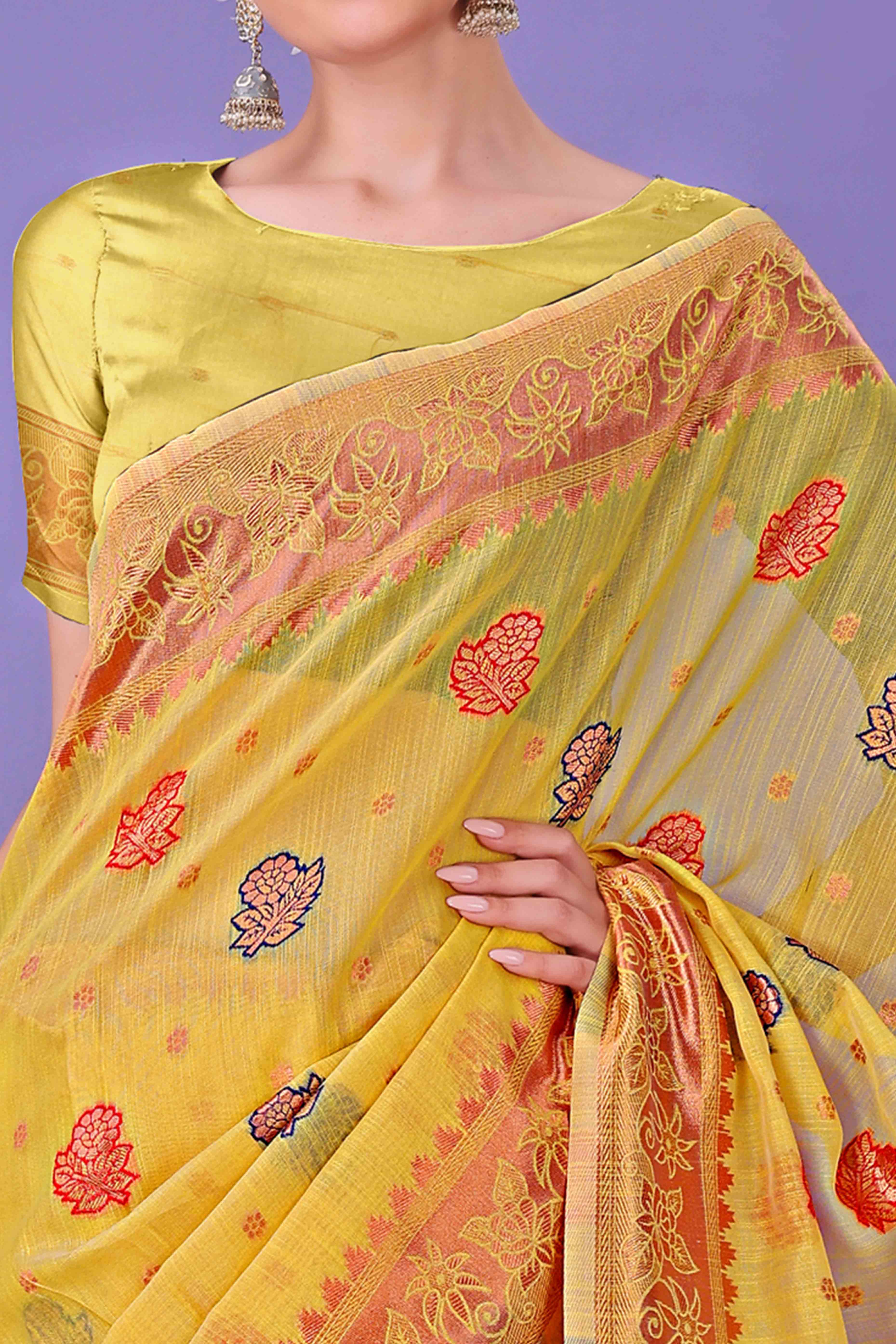 Yellow Saree with Floral Zari Weaving on a Linen Cotton Base