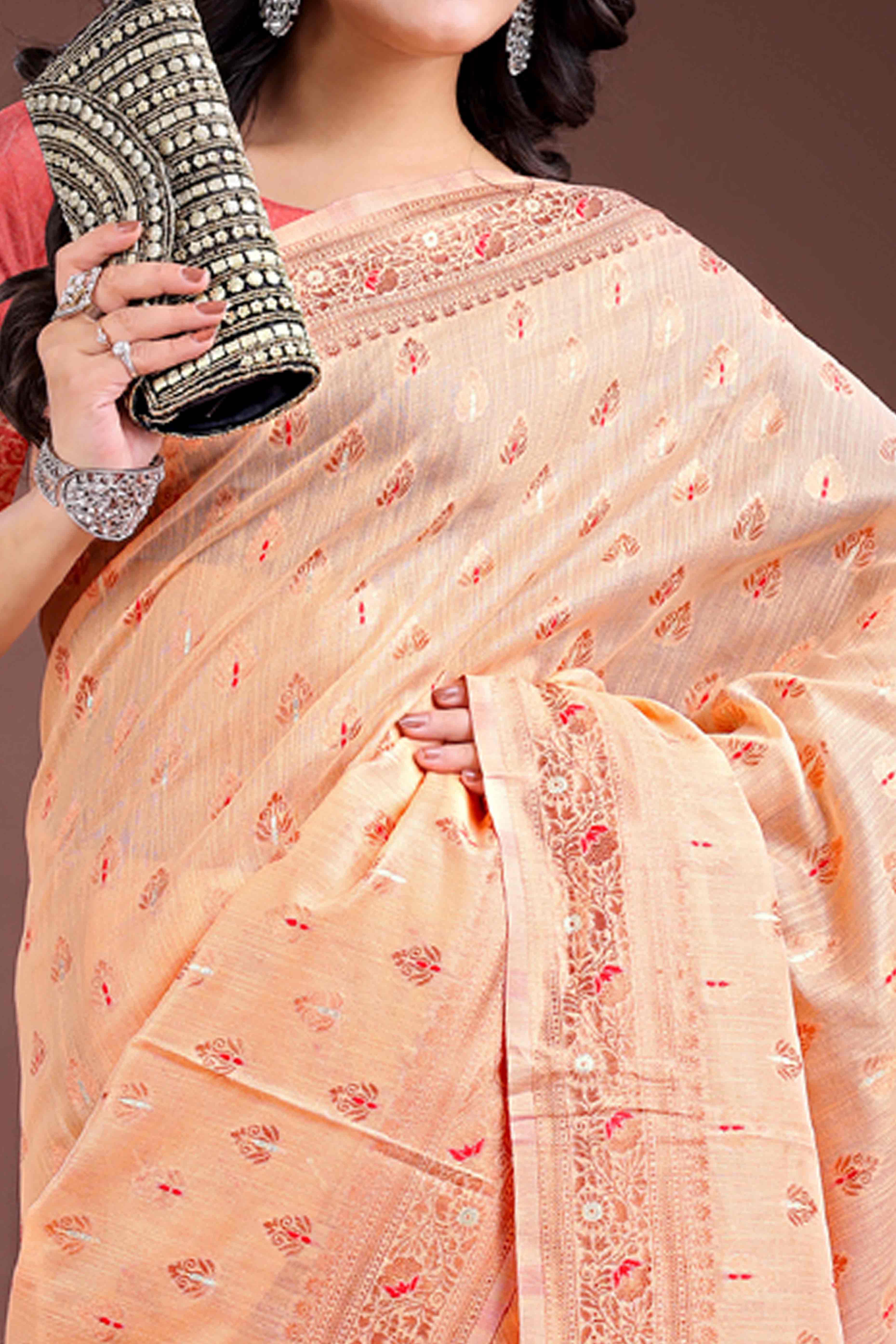 Vibrant Orange Floral Zari Weaving Cotton Blend Saree with Eye-Catching Tassels