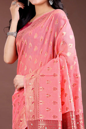 Elegant Peach Floral Zari Weaving Cotton Blend Saree with Beautiful Tassel Details