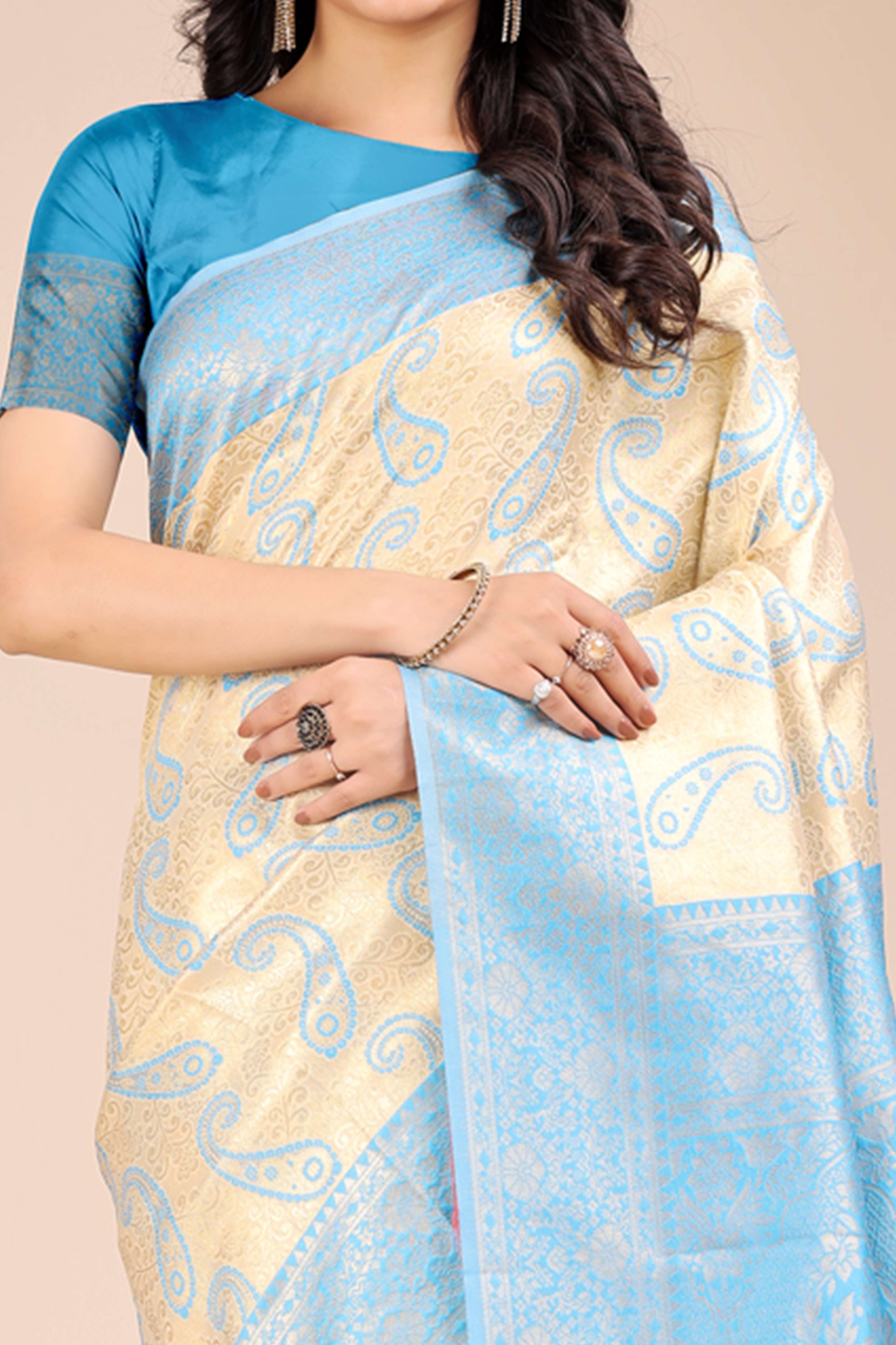 Cream Banarasi Silk Saree Featuring Sky Blue Floral Zari Weaving and a Rich Contrast Border