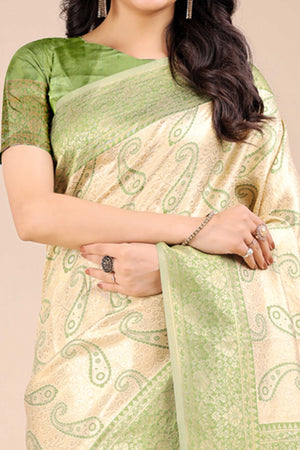 Cream Banarasi Silk Saree Featuring Light Green Floral Zari Weaving and a Rich Contrast Border