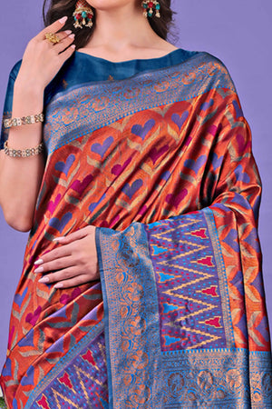 Rust Heart Motif Zari Woven Lichi Cotton Silk Saree With Flowing Tassels
