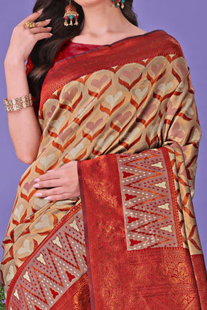 Chikoo Heart Motif Zari Woven Lichi Cotton Silk Saree With Flowing Tassels