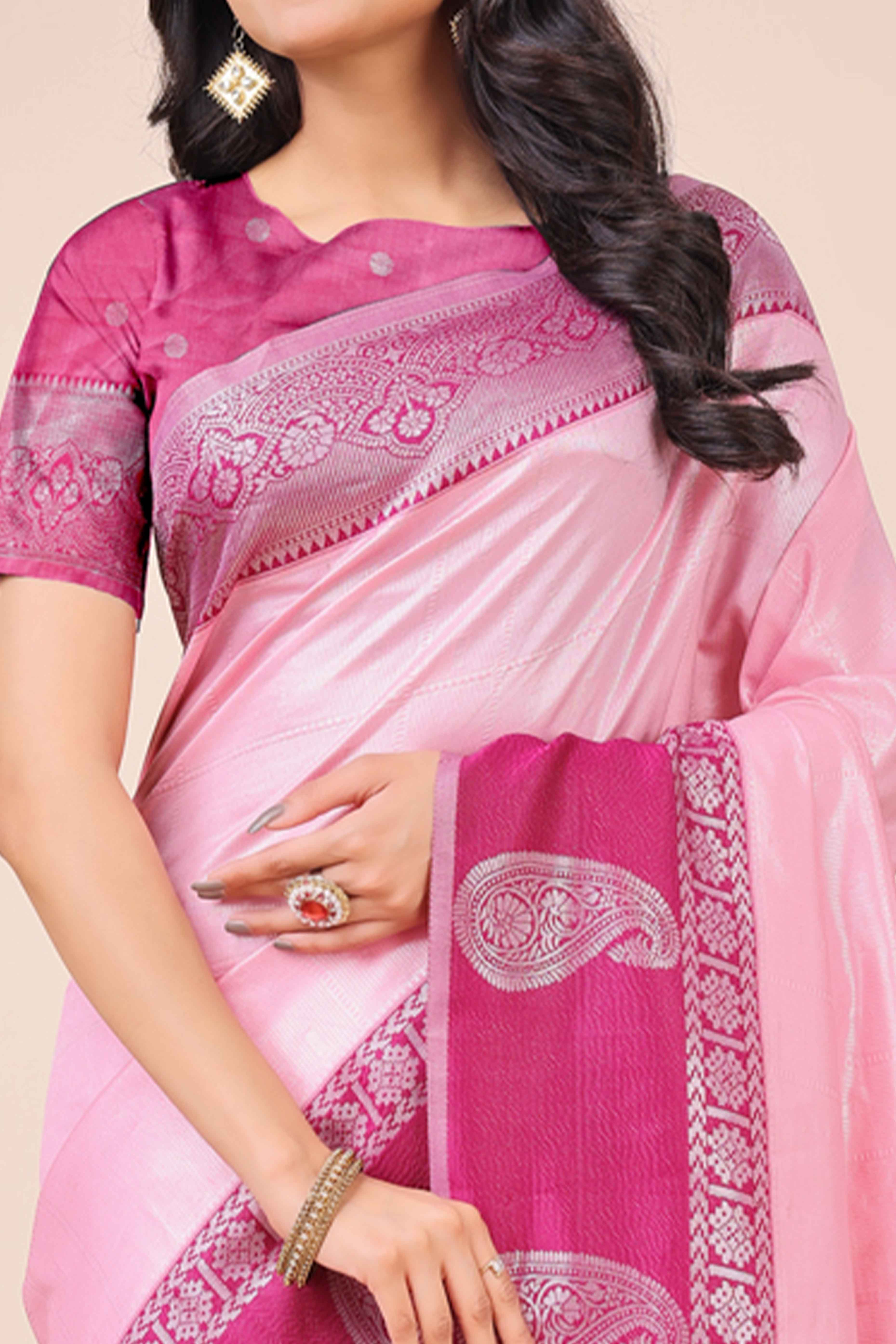 Light Pink Lichi Silk Blend Saree With Intricate Paisley Zari Weave & Graceful Tassels