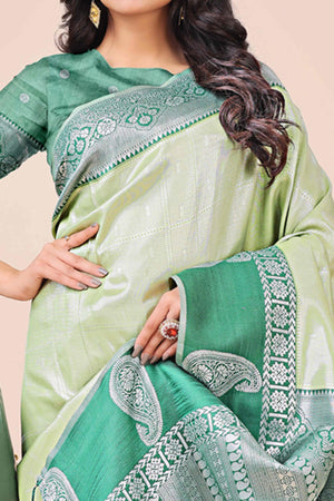 Green Lichi Silk Blend Saree With Intricate Paisley Zari Weave & Graceful Tassels