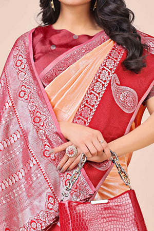 Peach Lichi Silk Blend Saree With Intricate Paisley Zari Weave & Graceful Tassels