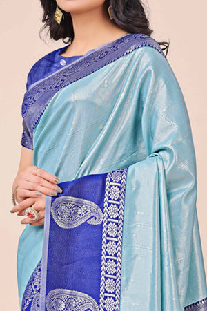 Light Blue Lichi Silk Blend Saree With Intricate Paisley Zari Weave & Graceful Tassels