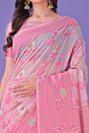 Light Pink Floral Pattern Woven Saree in a Soft Cotton Blend with Tasseled Edges