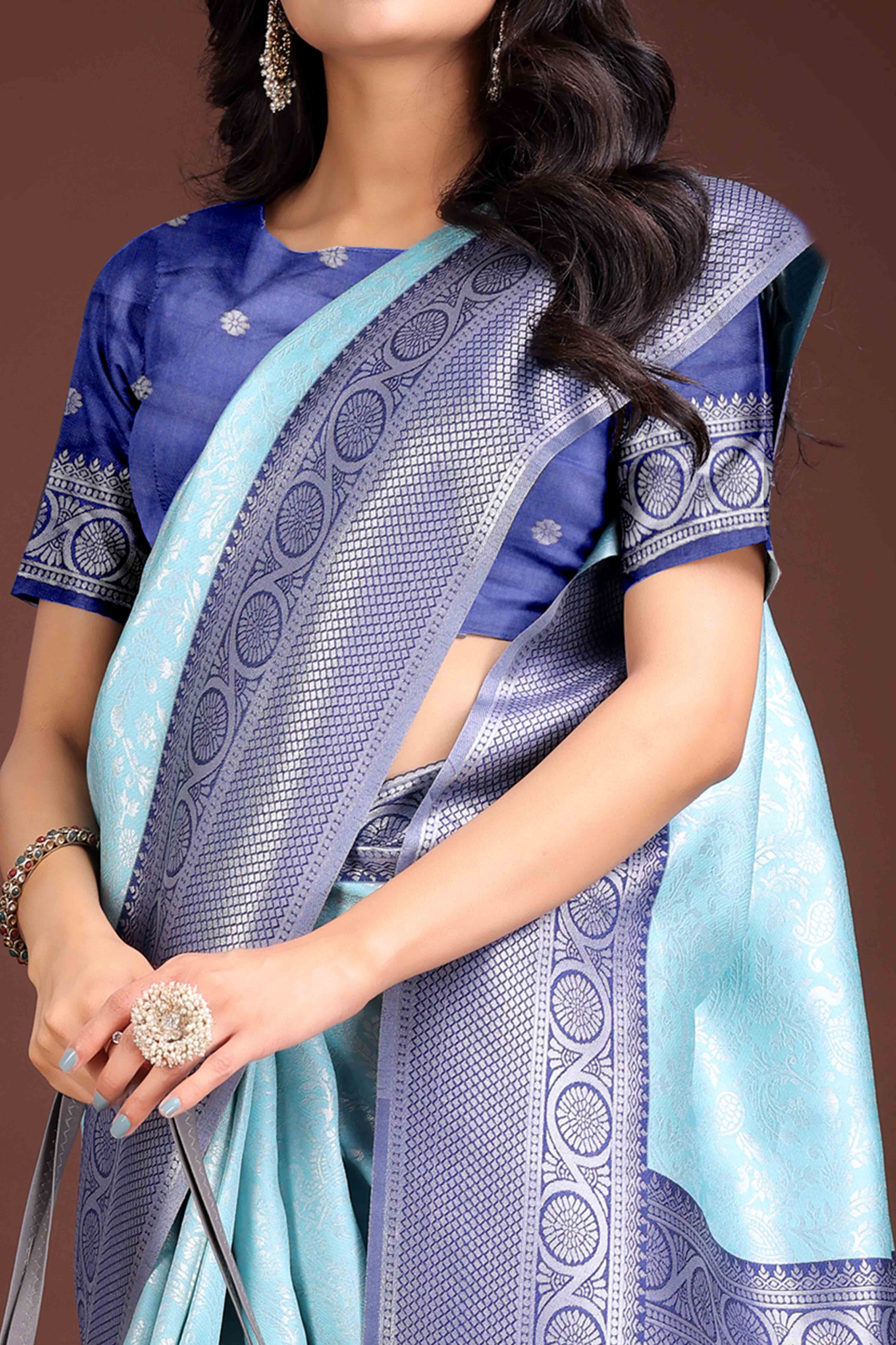 Sky Blue Floral Zari Weaving Lichi Cotton Silk Saree With Tassel Border
