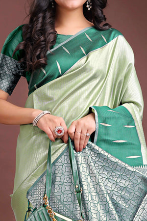 Soothing Light Green Zari Weaving Silk Blend Saree of Natural Harmony