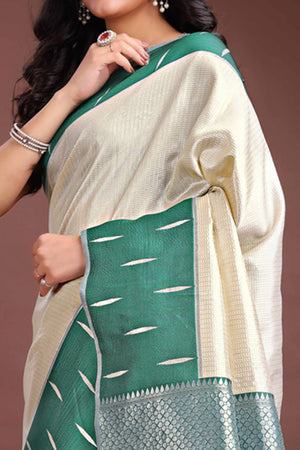 Elegant Cream Zari Weaving Silk Blend Saree with Timeless Sophistication