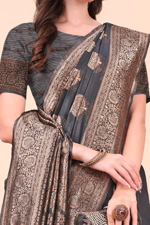 Black Cotton Blend Saree With Intricate Floral Zari Weaving & Elegant Tassel Accents