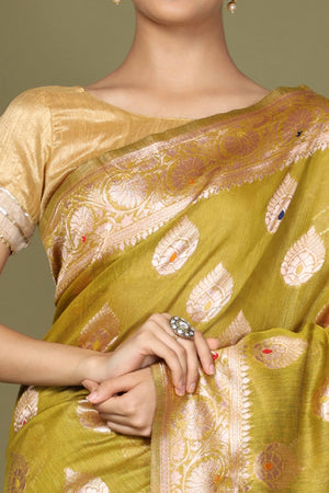 Mehendi Green Saree In Linen Cotton Featuring Floral Zari Weaving & Digital Printed Pallu