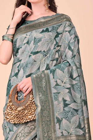 Green Floral Zari Woven Cotton Blend Saree With Soft Tassel Edging