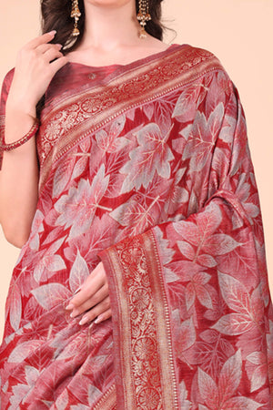 Red Floral Zari Woven Cotton Blend Saree With Soft Tassel Edging
