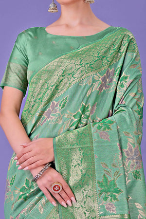 Green Floral Zari Woven Saree in a Lustrous Cotton Silk Blend