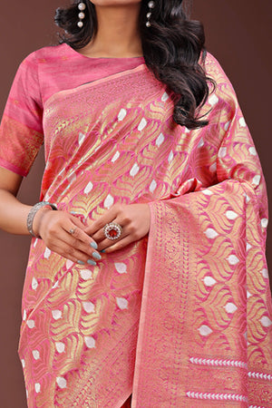 Pink Zari Work Cotton Silk Saree Finished with Luxe Tassels