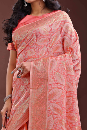 Peach Brocade Woven Saree in Cotton Silk Blend with Zari Detailing