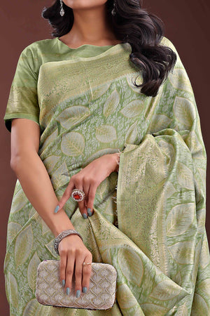 Light Green Brocade Woven Saree in Cotton Silk Blend with Zari Detailing