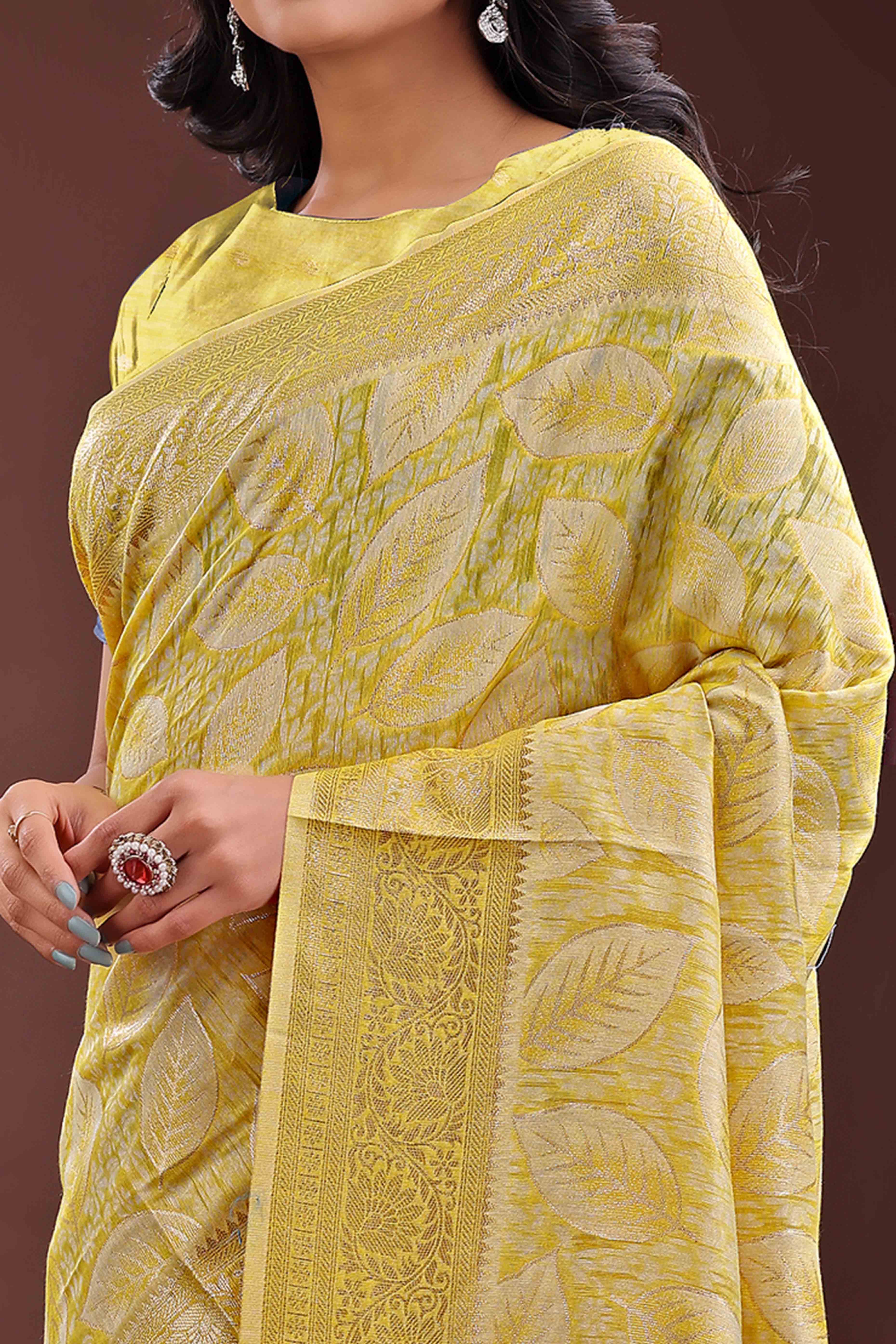 Yellow Brocade Woven Saree in Cotton Silk Blend with Zari Detailing