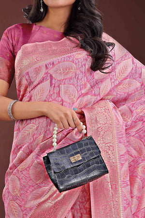 Pink Brocade Woven Saree in Cotton Silk Blend with Zari Detailing