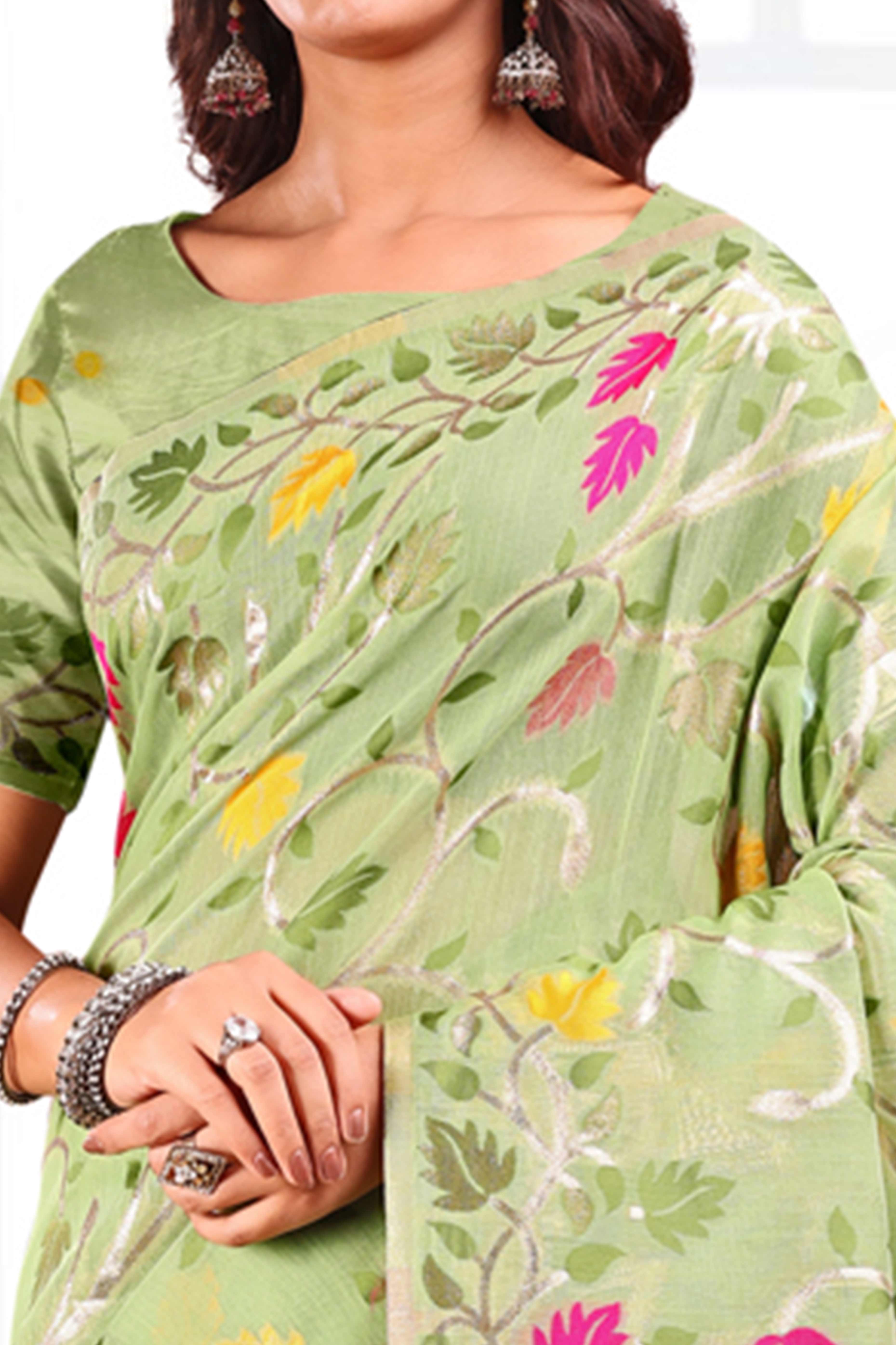 Light Green Linen Cotton Silk  Saree Enhanced With Floral Zari Weaving & Tasselled Pallu Finish