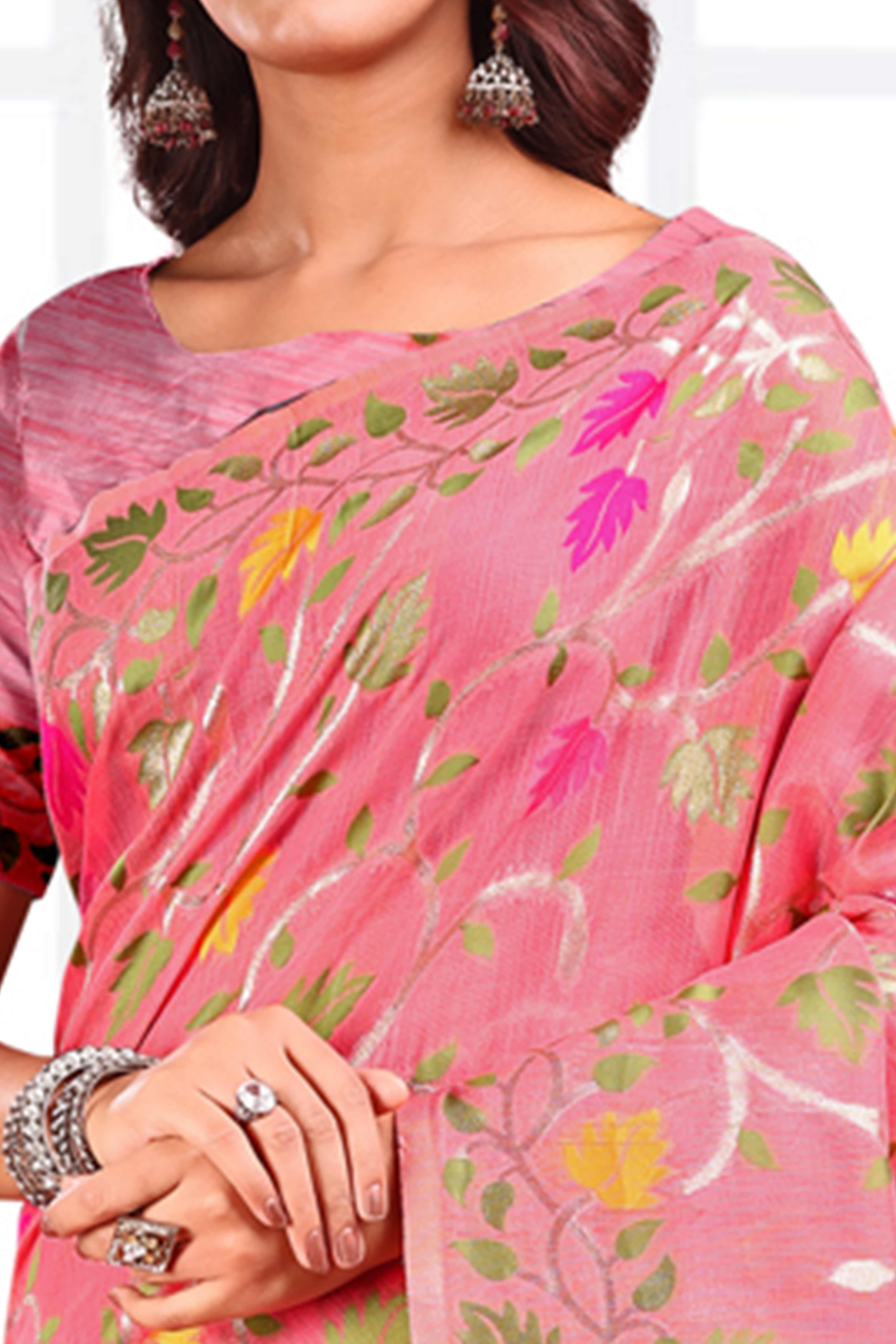 Pink Linen Cotton Silk  Saree Enhanced With Floral Zari Weaving & Tasselled Pallu Finish
