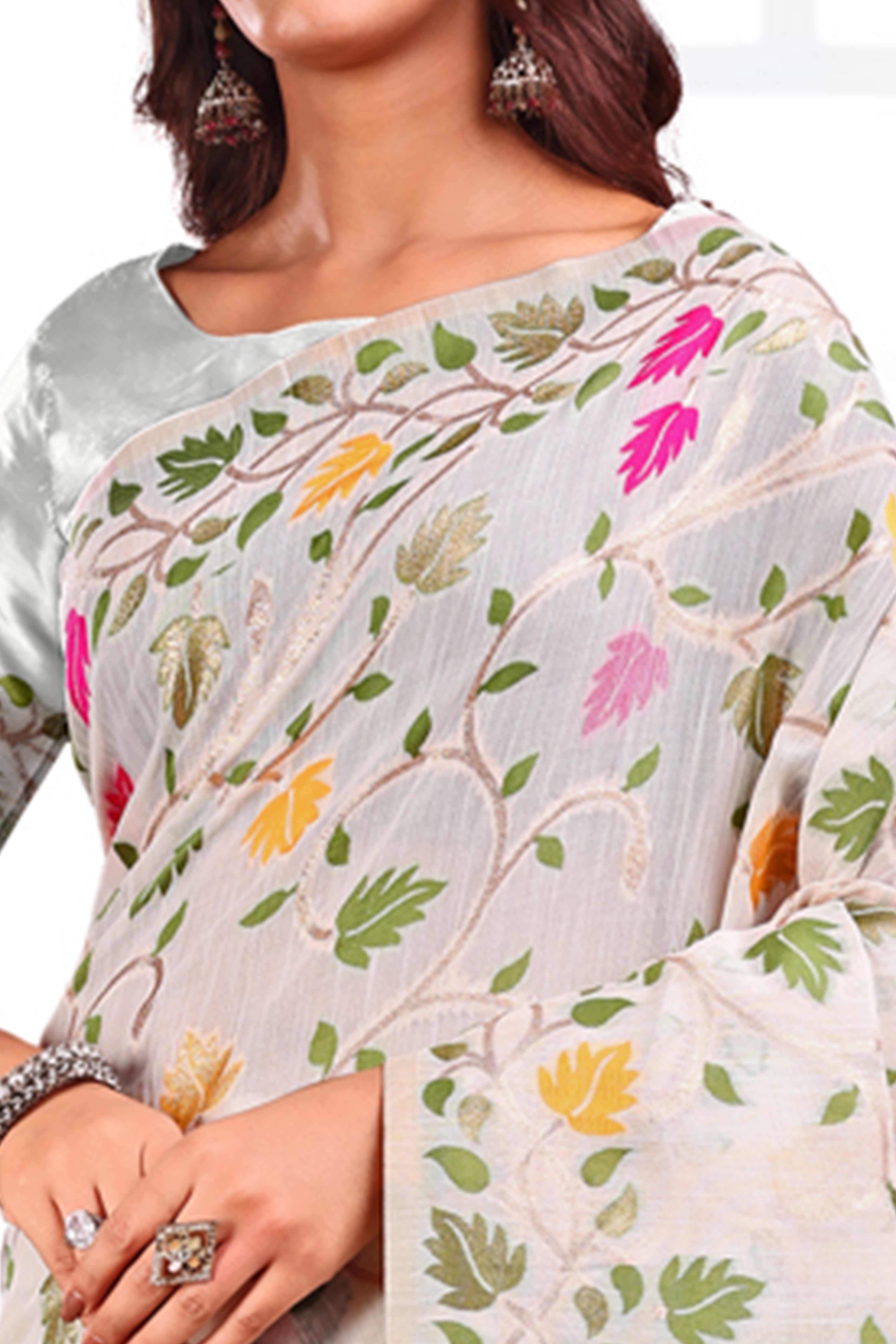 White Linen Cotton Silk  Saree Enhanced With Floral Zari Weaving & Tasselled Pallu Finish