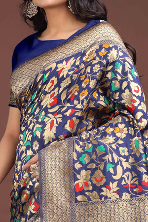 Navy Blue Lichi Banarasi Silk Saree With Floral Zari Work & Tassel Border