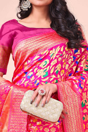 Pink Lichi Banarasi Silk Saree With Floral Zari Work & Tassel Border
