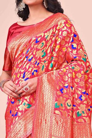 Maroon Lichi Banarasi Silk Saree With Floral Zari Work & Tassel Border