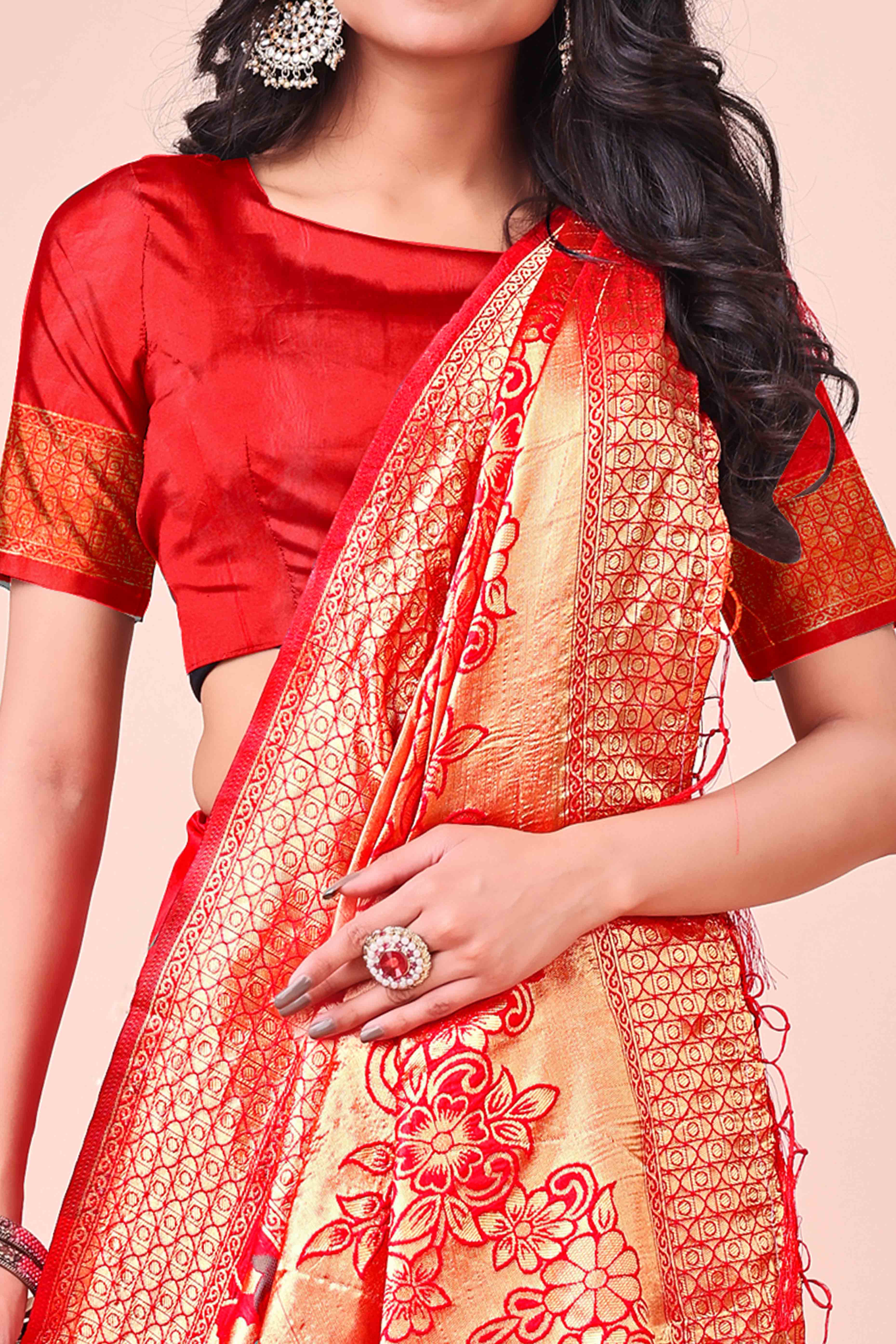 Red Lichi Banarasi Silk Saree With Floral Zari Work & Tassel Border