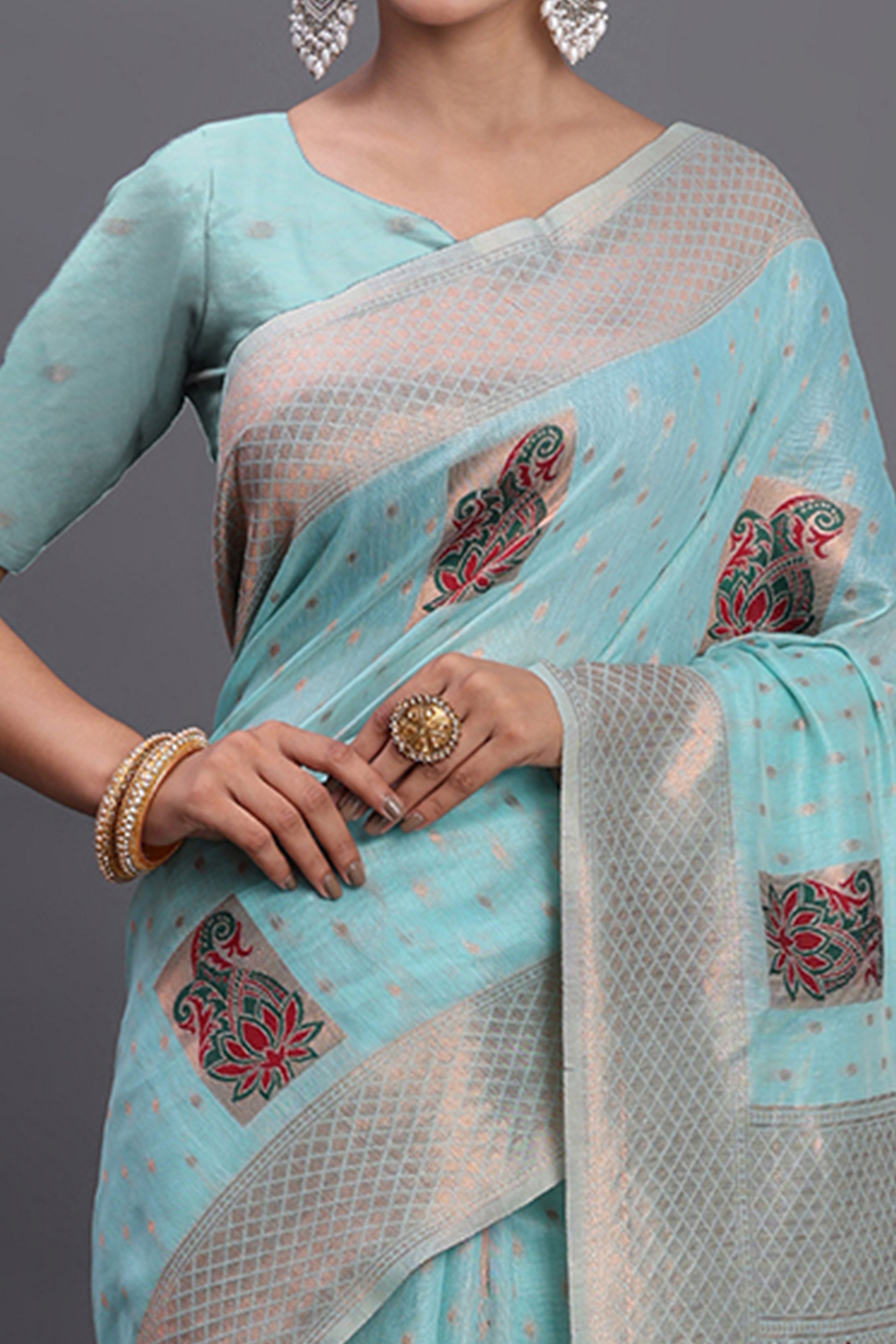 Stylish Sky Blue Floral Zari Weaving Linen Cotton Saree With Graceful Tassel Pallu