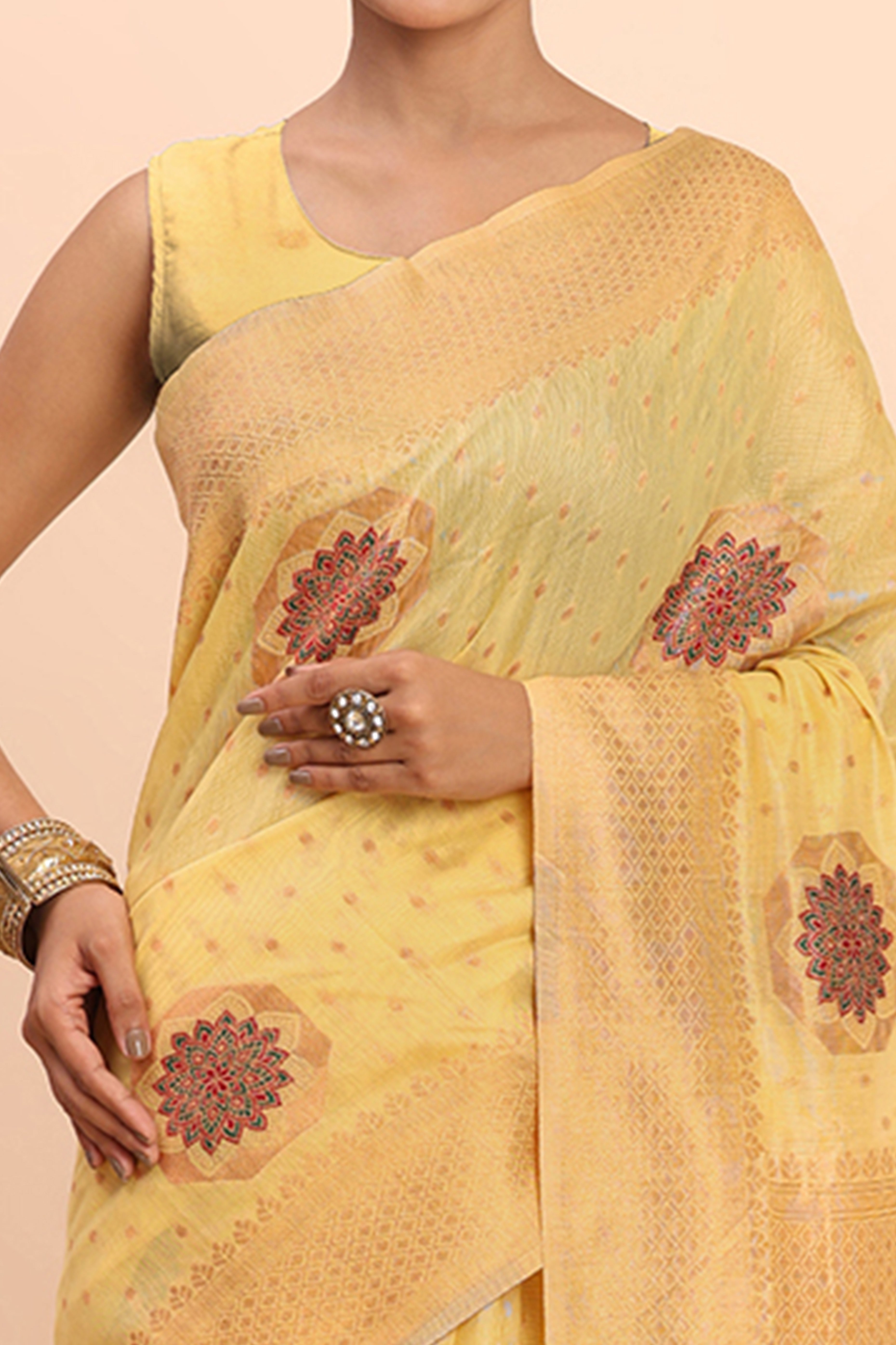 Stylish Yellow Floral Zari Weaving Linen Cotton Saree With Graceful Tassel Pallu
