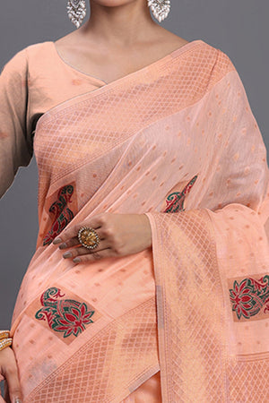 Stylish Peach Floral Zari Weaving Linen Cotton Saree With Graceful Tassel Pallu