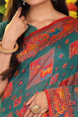 Teal Green Linen Cotton Saree Adorned With Floral Zari Weaving & Tassel Pallu