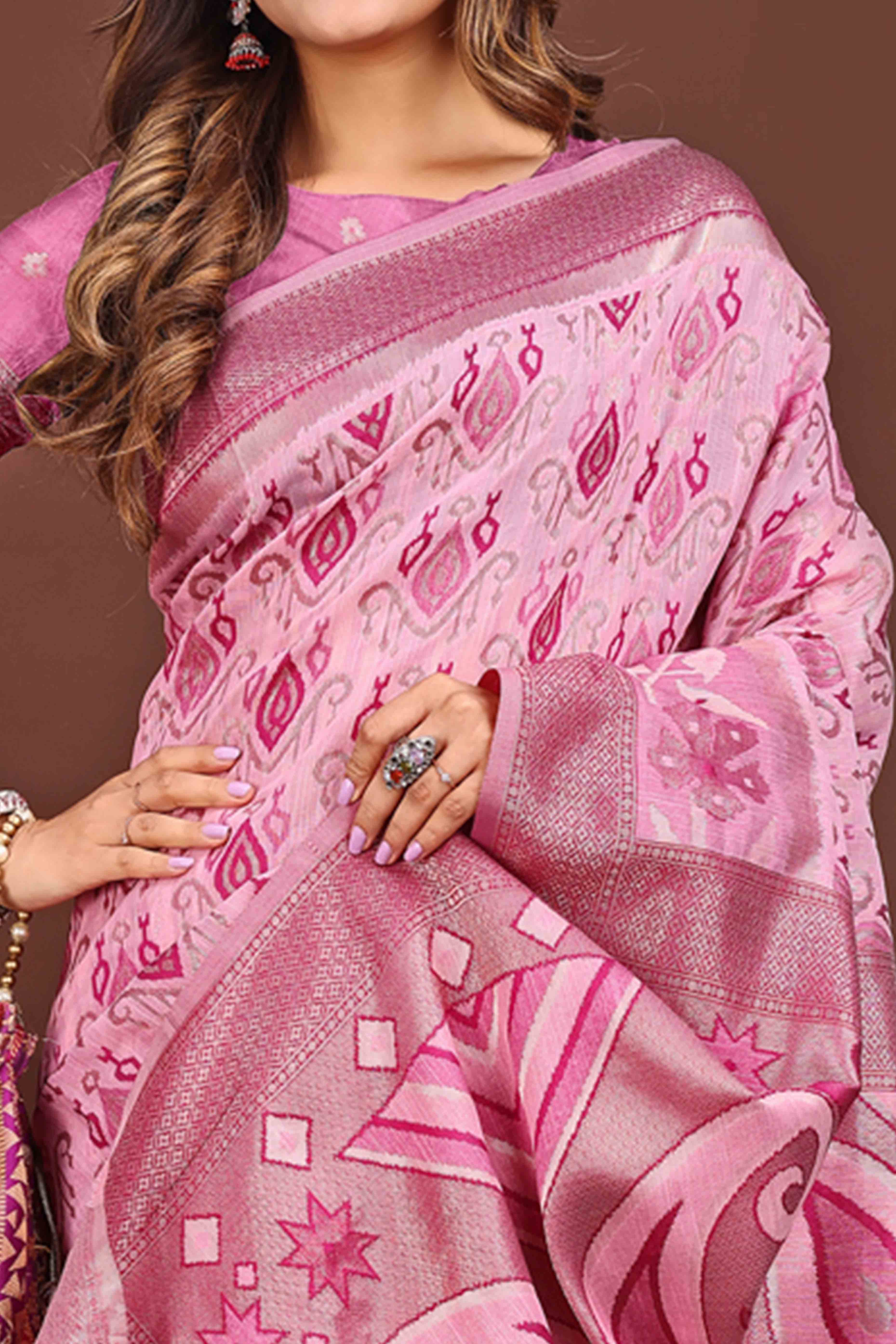 Elegant Zari Woven Pink Linen Cotton Saree With Graceful Tassel Pallu