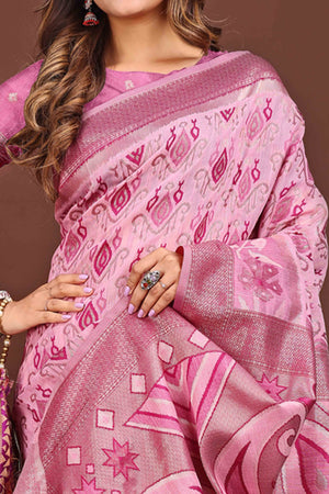 Elegant Zari Woven Pink Linen Cotton Saree With Graceful Tassel Pallu