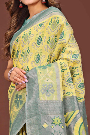 Stunning Zari Woven Yellow Linen Cotton Saree With Graceful Tassel Pallu