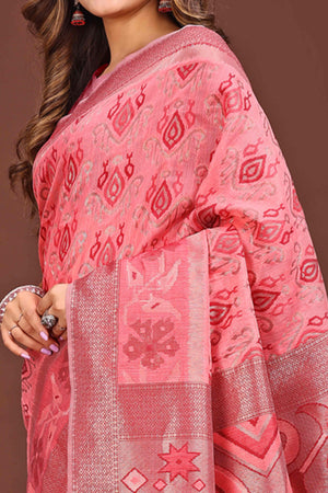 Dazzling Zari Woven Coral Pink Linen Cotton Saree With Graceful Tassel Pallu