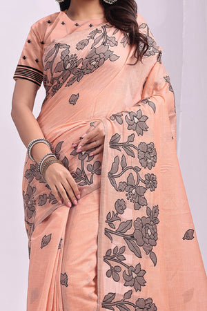 Orange Ethnic Saree in a Linen Cotton Blend Adorned with Floral Weave Designs