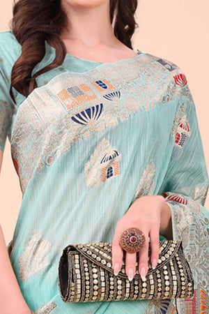 Turquoise Zari Woven Linen Cotton Saree With Graceful Tassels